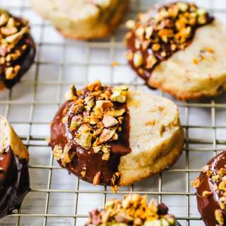 Chocolate Dipped Pistachio Shortbread Cookies