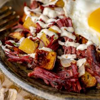 Corned Venison Hash with Horseradish Cream Sauce