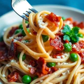SPAGHETTI CARBONARA WITH PANCETTA AND PEAS