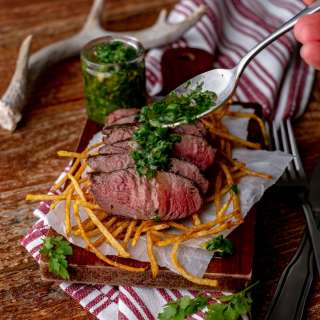Venison Steak Frites with Chimichurri Sauce