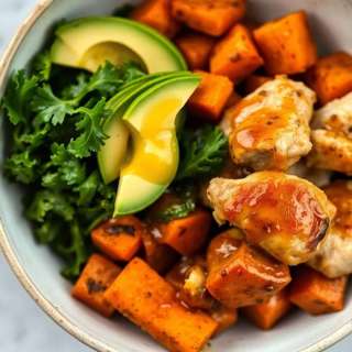 ROASTED SWEET POTATO, CHICKEN, KALE, AND RICE BOWLS FOR TWO