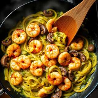 PESTO SHRIMP MUSHROOM PASTA