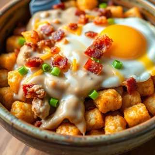 TATER TOT BREAKFAST BOWL WITH SAUSAGE GRAVY
