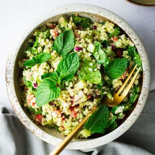Bulgur Wheat Salad with Tahini Herb Dressing