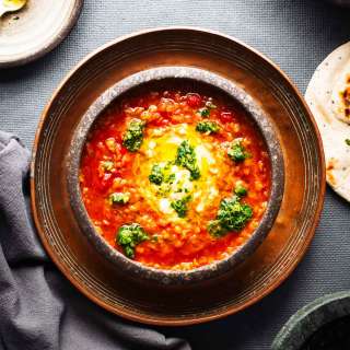 Harissa Red Lentil Soup with Cilantro Salsa