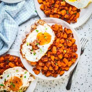 Easy Sweet Potato Hash with Bacon and Fried Eggs