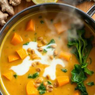 GINGER SWEET POTATO COCONUT MILK STEW WITH LENTILS AND KALE