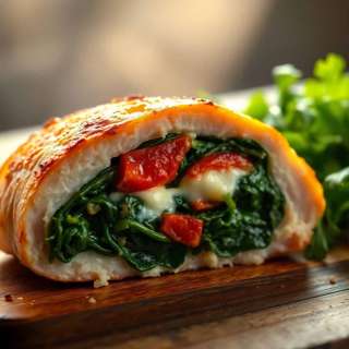 SAVORY STUFFED CHICKEN WITH ROASTED RED PEPPERS, SPINACH AND MOZZARELLA