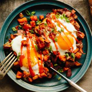 Sheet Pan Sweet Potato Hash with Chorizo + Runny Eggs