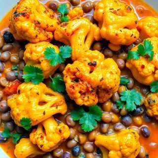SPICE-ROASTED CAULIFLOWER IN COCONUT TOMATO SAUCE WITH LENTILS
