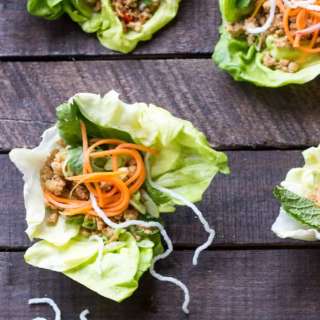Chicken Lettuce Wraps with Quick Pickled Carrots + Puffed Rice Noodles