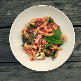 Pasta with Fairytale Eggplant, Tomatoes, Fresh Mozzarella and Basil