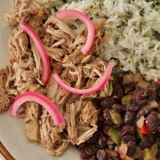 Mojo Pork with Black Beans, Cilantro Rice and Pickled Red Onions