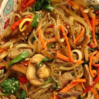 Japchae (Korean Sweet Potato Noodles with Meat and Vegetables)