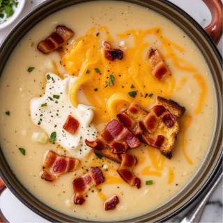 POTATO AND BACON SOUP WITH CHEESY TOAST AND BACON