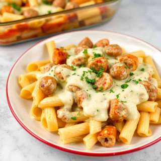 GARLIC SAUSAGE ALFREDO RIGATONI