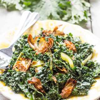 Fried Artichoke, Kale + Asparagus Salad with Pickled Celery + Creamy Parmesan Dressing