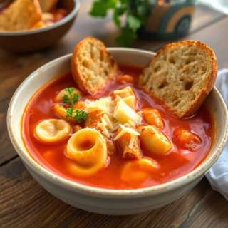 SLOW COOKER TOMATO TORTELLINI SOUP WITH CHEDDAR AND TOAST BITES