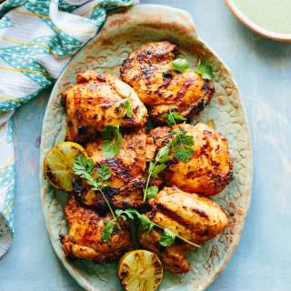 Peruvian Grilled Chicken with Spicy Green Sauce, Sweet Potato Wedges + Avocado Cucumber Salad