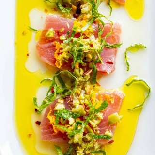 Sicilian Tuna Crudo with Olives and Pistachios