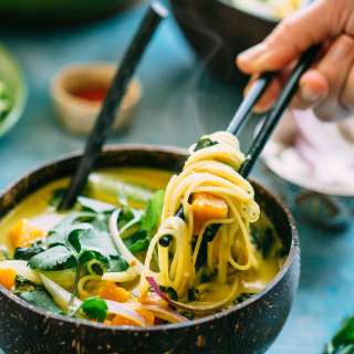 Coconut Curry Noodle Soup with Butternut Squash + Spinach