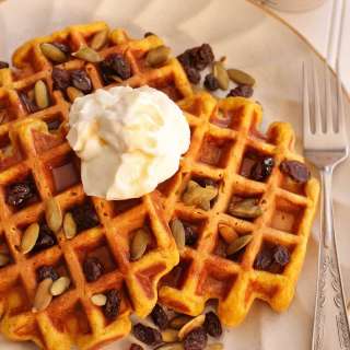 Buttermilk Pumpkin Spice Waffles with Toasted Pumpkin Seeds