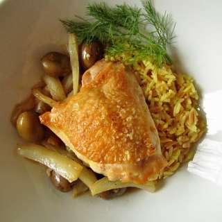Crispy Braised Chicken Thighs with Olives, Lemon, and Fennel
