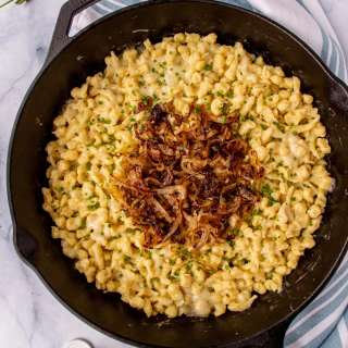 Kasnocken (Austrian Spaetzle with Cheese and Onions)