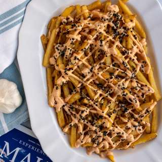 Volcano Fries (Garlic Fries with Sriracha Aioli and Furikake)
