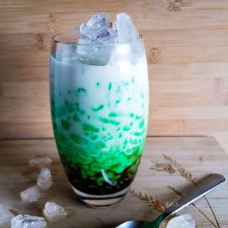 Cendol: green rice flour jellies with palm sugar and coconut milk