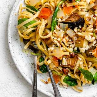 Eggplant Pasta with Crispy Hazelnuts [Vegan]