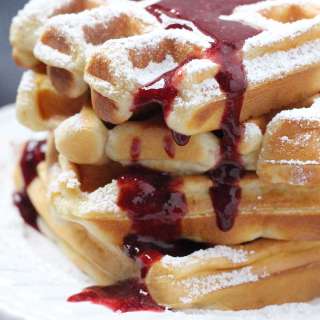 Fluffy Greek Yogurt Waffles with Cherry Sauce