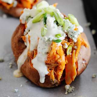 Baked Sweet Potatoes Stuffed With Buffalo Chicken