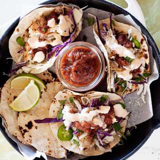 Grilled Fish Tacos with Cabbage Slaw and Sriracha Sour Cream