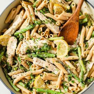 Easy Lemon Chicken Asparagus Pasta in a Skillet