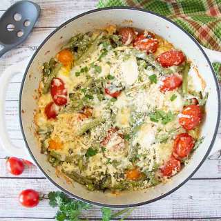 Cheesy Green Bean Casserole with Cherry Tomatoes