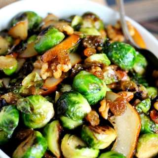 Sautéed Brussels Sprouts with Pears, Golden Raisins & a Sweet Glaze