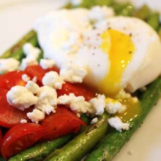 Sauteed Asparagus with Poached Eggs, Tomatoes & Goat Cheese