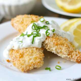 Crunchy Baked Fish Sticks with Cucumber Dill Sauce {healthy}