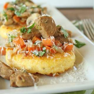 Parmesan Polenta Cake with Mushroom & Sausage Hash