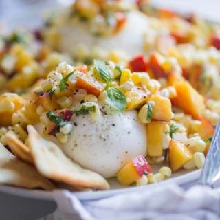 Corn, Basil, and Peach Burrata Salad