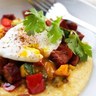 Jalapeño Cheese Grits with Poached Eggs and Hash