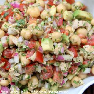 Garbanzo or chickpea salad with avocado and tuna fish