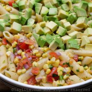 Corn pasta salad with tomato and avocado