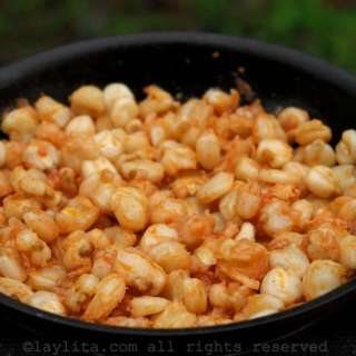 Hominy sautéed in roasted pork gravy {Mote refrito en salsa de hornado}