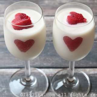 Valentine’s coconut panna cotta with berry hearts