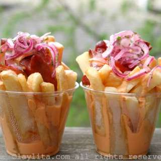 Salchipapas {South American style french fries with sausages + topping sauces}