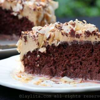 Chocolate tres leches cake with dulce de leche frosting