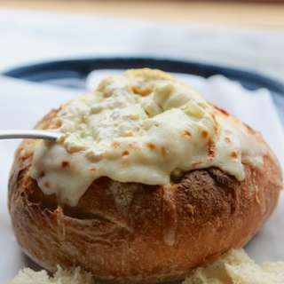Hot and Cheesy Jalapeno Artichoke Dip in a Bread Bowl