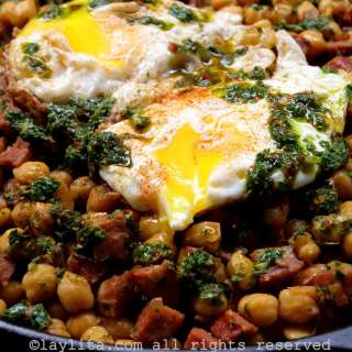 Garbanzos or chickpeas with chorizo and chimichurri